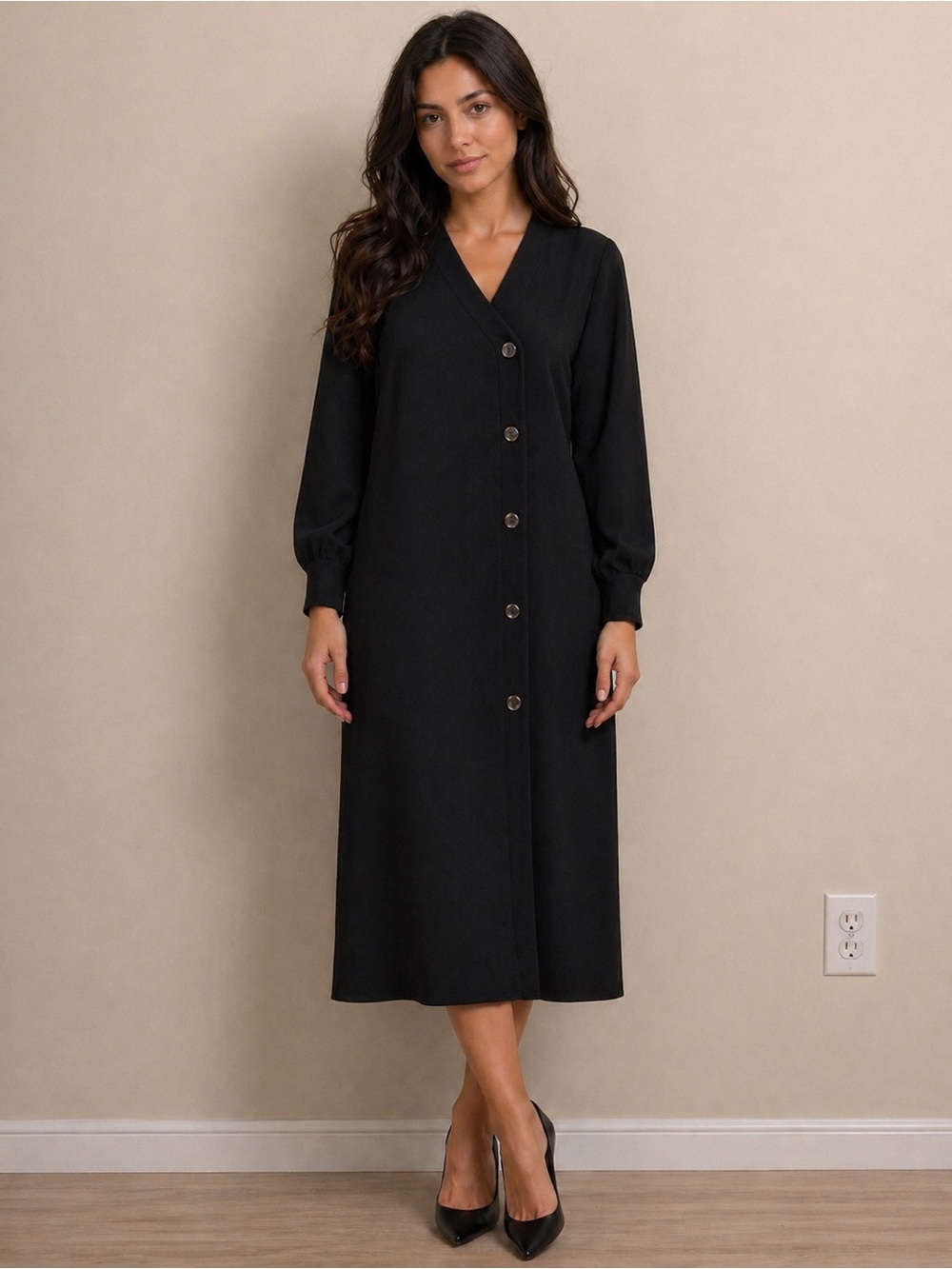 Aleeza Paris Button-Front Black V-Neck Midi knit Dress